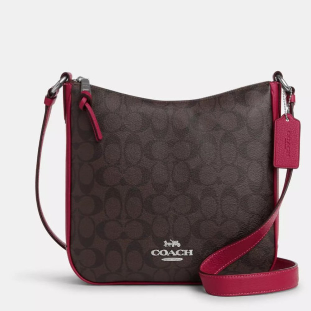 Coach C1649 Ellie File Bag Brown Signature Canvas Bright Violet Leather NWT